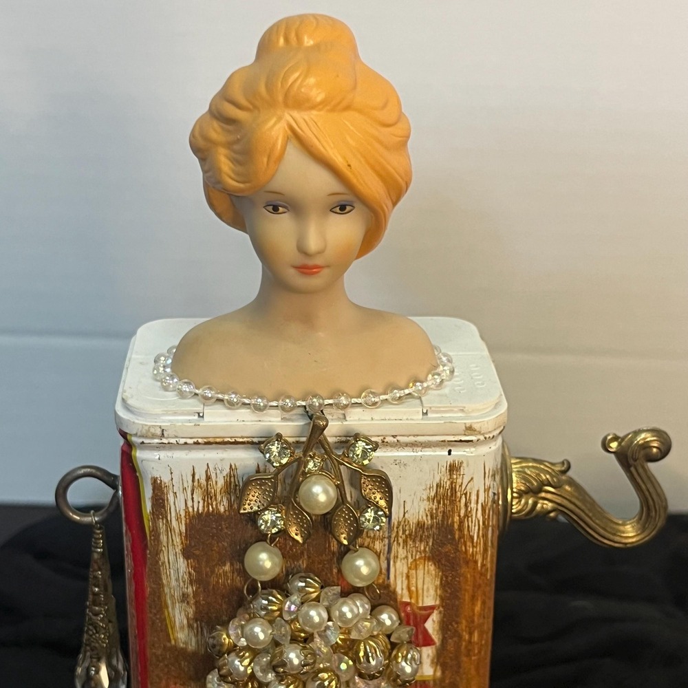 Antique porcelain doll assemblage decor figure black pepper tin one of‎ a kind